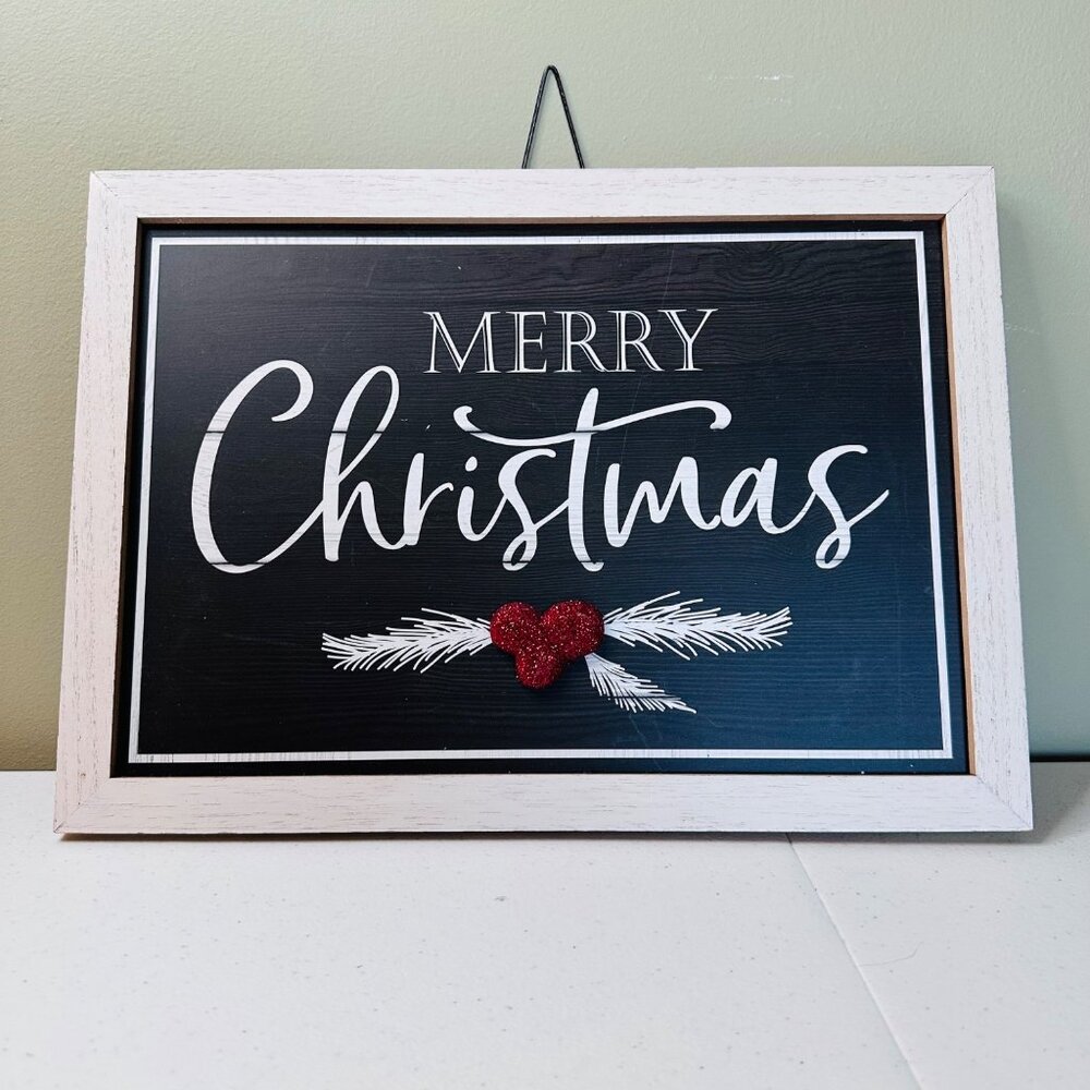 Merry Christmas Wall Sign With Glittery Red Embellishments Holiday Decoration